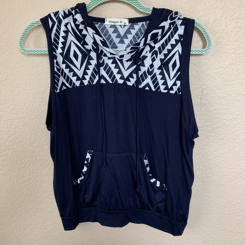 Navy Blue & White Aztec Hooded Muscle Tank